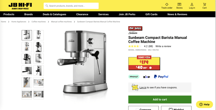 JB Hi-Fi: Sunbeam Compact Barista Manual Coffee Machine – was @219, now $179